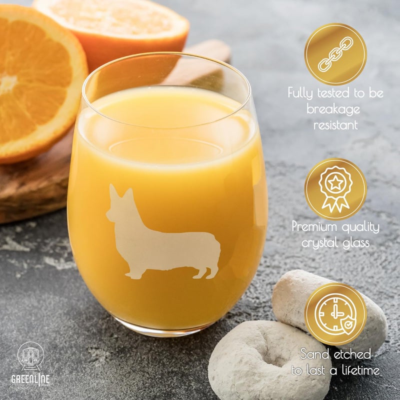 GreenLine Goods Corgi Stemless Wine Glasses (Set of 2) | Unique Gift for Dog Lovers | Hand Etched with Breed Name on Bottom - Image 3